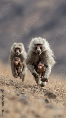 Three baboons, two carrying infants, running uphill