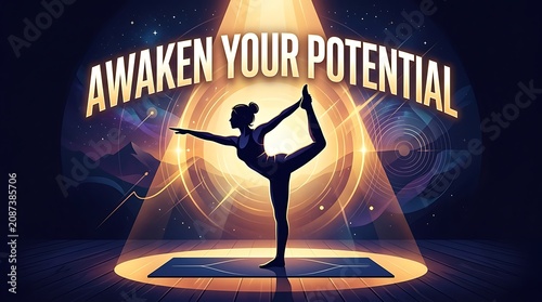Vector spotlight on yoga silhouette, bold headline “Awaken Your Potential”