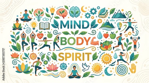 Vector wellness-themed icons collage, text “Mind Body Spirit”