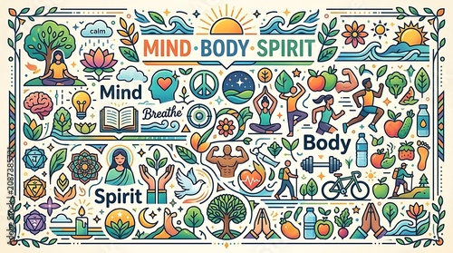 Vector collage of wellness-themed icons with the words 
