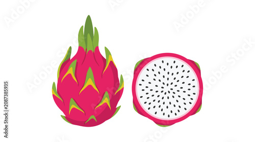 Tropical Pink Dragon Fruit Pitaya Isolated Whole and Half Sliced Fruit for Healthy Diet and Food Concept