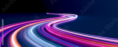 Photos Radiant motion trails extend across a dark digital landscape with luminous reflections and elegant flow