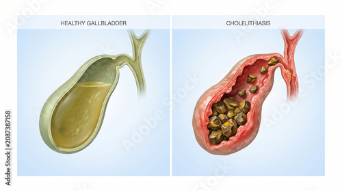 Healthy Gallbladder and Cholelithiasis Gallstones 3D Diagram
