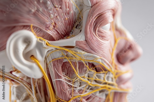 Close-up of a medical anatomy head model with trigeminal nerve area clearly highlighted in yellow, photographed on a neutral background for clarity and focus.