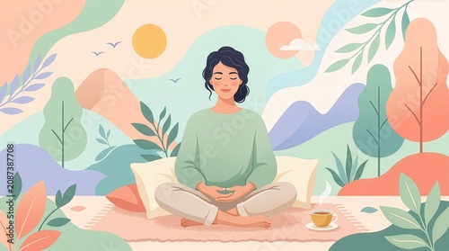 Young woman relaxing and meditating at home for mental health and wellness. Cozy self-care concept illustration in flat design with pastel colors