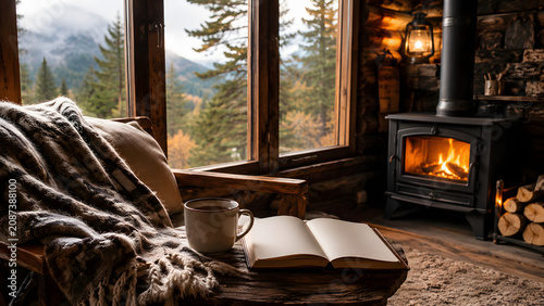Reading a book by a cozy fireplace in a rustic mountain cabin interior view