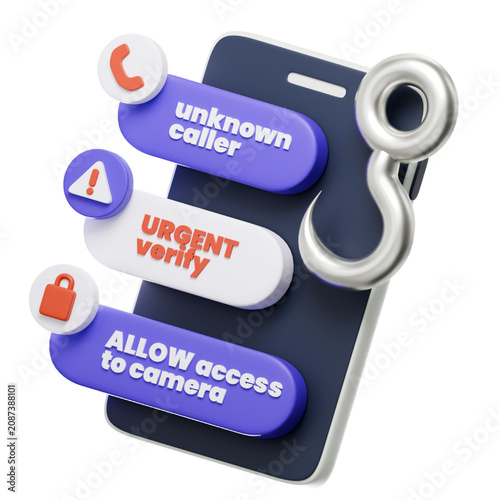 Картината върху платно 3D illustration of a smartphone displaying urgent security alerts with a hook sy