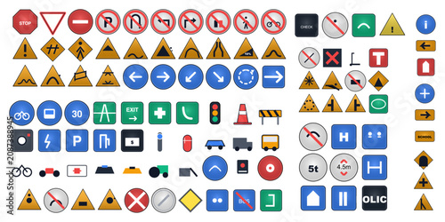 100 Road Sign Icon Set Vector Collection, Traffic Symbols, Warning, Regulatory and Direction Signs Pack
