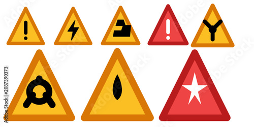Warning triangle icon set vector illustration featuring bold red, yellow, and black exclamation caution signs.