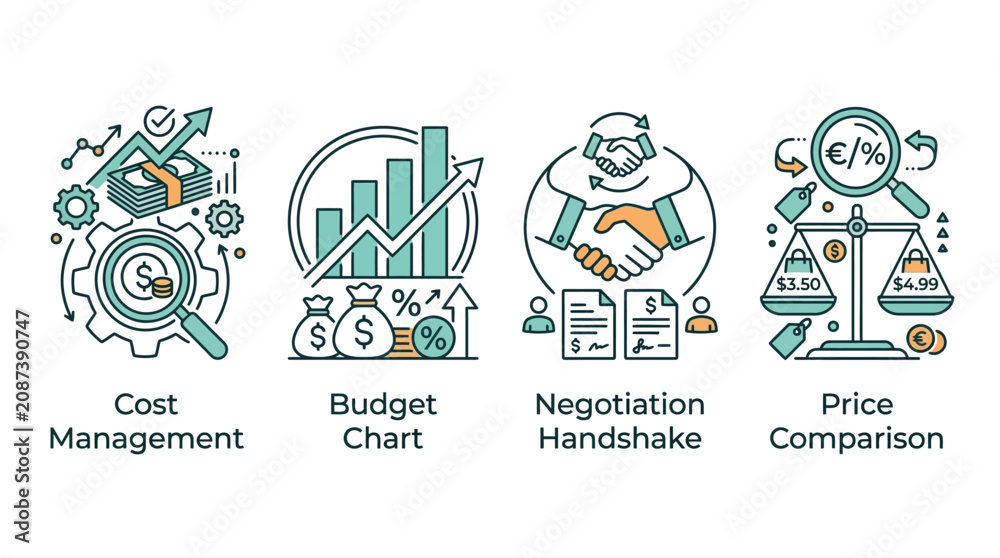 Fototapeta premium Business finance concept icons set, cost management and budget chart illustrations, negotiation handshake and price comparison vector graphics