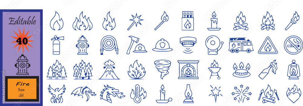 Naklejka premium Set of 40 fire outline icons