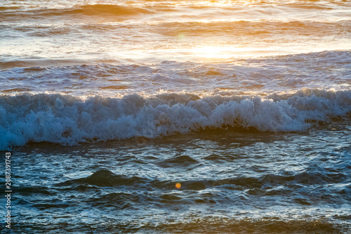 Breaking ocean wave with white foam crest at golden hour on Santa Monica Beach, Pacific Ocean, California, USA.