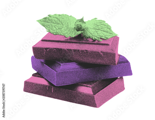 Textured chocolate cubes with fresh mint leaves in Risograph style, isolated on transparent background. Vintage print effect for food, branding and creative design