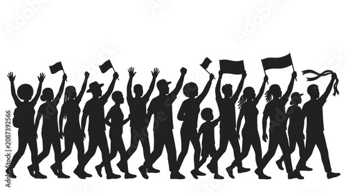 Diverse Crowd Marching with Flags and Signs Silhouette