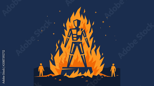 Tableau sur toile Human effigy burning in bonfire, night sky with stars, two small figures watchin