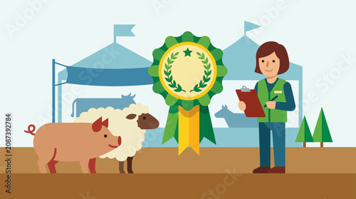 Farm Animal Competition Judging with Ribbon Award and Fair Booths