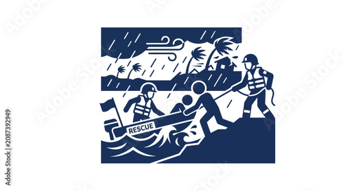 Disaster Rescue Operation: Rescuers Save People from Stormy Waters and Hurricane