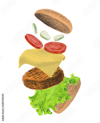 Flying hamburger with scattered ingredients in Risograph style with textured vintage print effect, isolated on transparent background. Dynamic food element for design