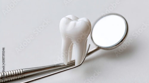 Dentist's tool reflects a white tooth against a plain backdrop.