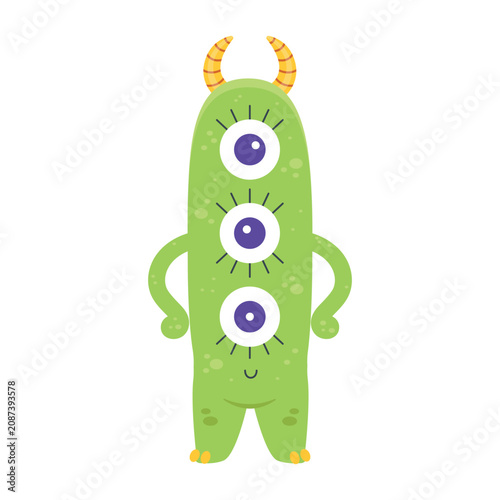 Cute three eyed alien monster vector illustration. Funny green tall creature character with striped horns isolated on white background. Friendly spooky monster doodle for kids halloween decor