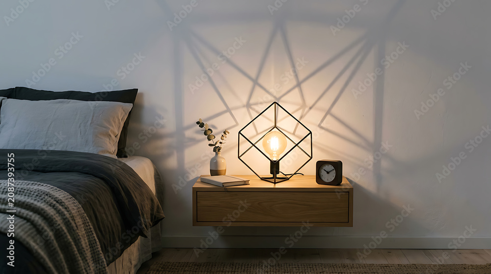 Obraz premium Cozy bedroom interior with modern geometric lamp on wooden nightstand