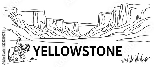 Cowboy riding a horse in Yellowstone National Park canyon landscape in line art style