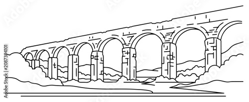 Bild auf Leinwand Ancient stone viaduct bridge crossing valley in minimalist line art