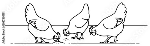 Foto Three chickens pecking seeds on the ground in minimalist line art