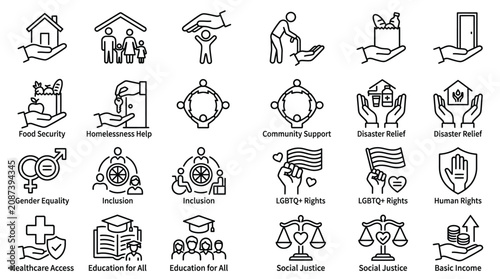 Social justice icons set, charity and community support symbols, 24 human rights and inclusion vector line icons for non-profit organizations