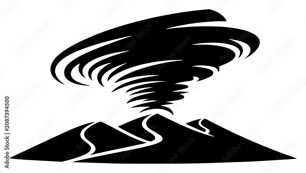 Obraz premium Tornado vortex spinning over desert sand dunes in black stencil silhouette style