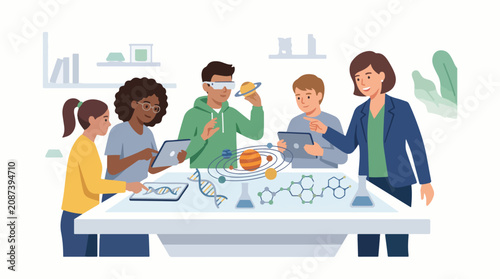 Diverse students and a teacher using futuristic digital tablet technology to explore complex science concepts in a modern school classroom