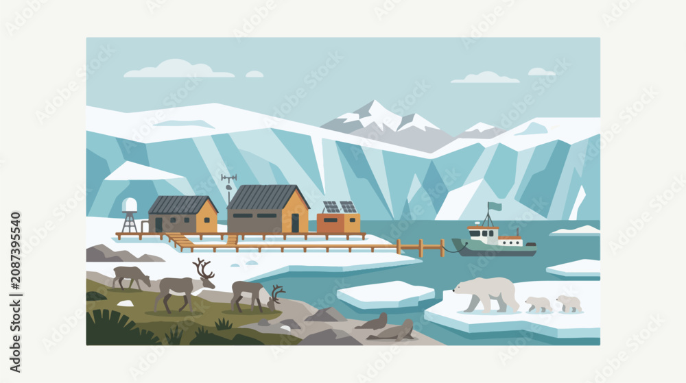 Fototapeta premium Arctic research station featuring wooden buildings with solar panels and a docking boat surrounded by polar bears and grazing reindeer
