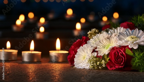 solemn memorial service with flickering candles and flowers for patriot day