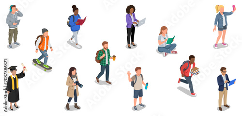 Fotografía University students and diverse teenagers walking studying and skateboarding on