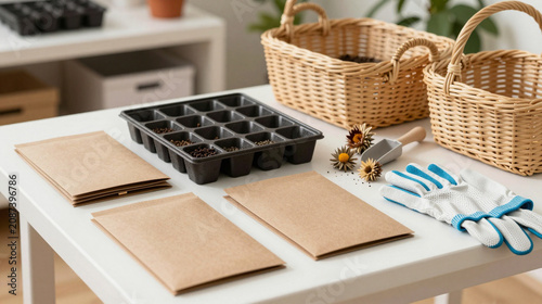 Native seed library table with blank packets, seed trays and community gardening tools