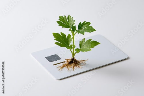 Payment card with plant growing from it, symbolizing sustainability and eco-friendly finance concepts