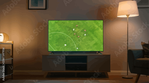 Foto Modern living room with a large television screen displaying a soccer game, crea