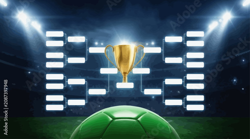Professional soccer championship tournament bracket template with golden trophy and stadium lights background