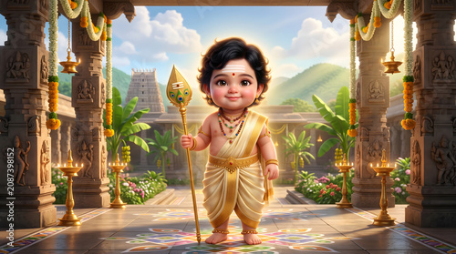 baby murugan god standing between temple pillars holding golden spear with mountain view in distance