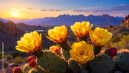 Close-up of yellow cactus flowers blooming in a desert landscape during sunset, with mountains and sky