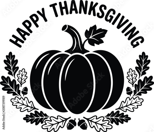 Black pumpkin with leaves and acorns in a wreath Thanksgiving
