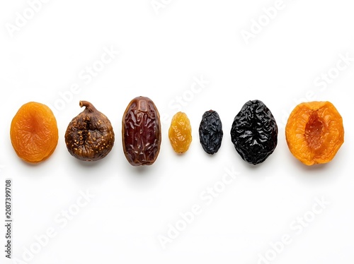 Selection of assorted dried fruits and berries arranged horizontally with vegetarian nutrition vitamins preserved delicious ingredients culinary assortment superfood isolated background