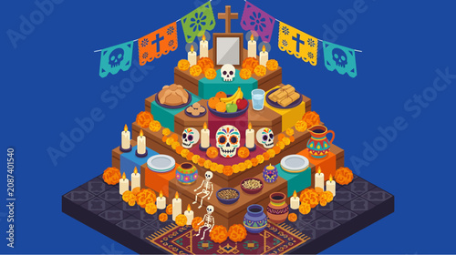 Foto Day of the Dead altar with ofrenda, skulls, candles, food, flowers, and papel pi