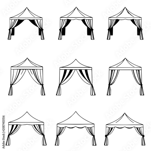 Canvastavla Tents set with minimalist black and white vector illustration featuring tents, c