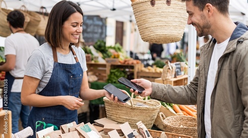 A woman wearing an apron at a market stall uses a phone to process a mobile payment from a man who is holding his phone near hers