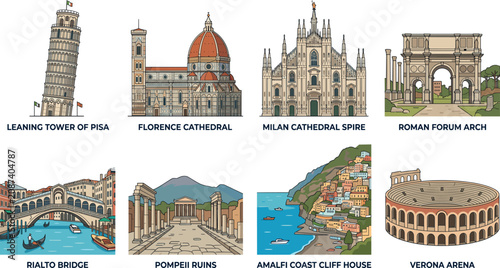 Quadro su tela Famous Italian Landmarks Illustrations Featuring Pisa Tower, Florence Cathedral,
