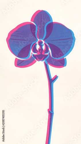 Minimalist Single Orchid Flower Study Fluorescent Pink and Process Blue Violet Overlap Zone Risograph Botanical Art