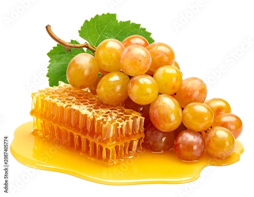 Close-up studio shot of a cluster of ripe, golden grapes with a green leaf, next to a portion of honeycomb, and honey