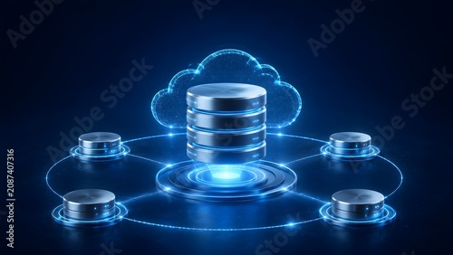 Cloud Computing Database Concept With Glowing Digital Network Connecting Storage Servers In Cyberspace
