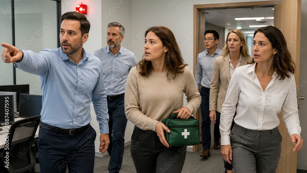 Naklejka premium Man pointing during office evacuation with colleagues. Woman holding first aid kit in workplace emergency. Team reacting to alarm, company safety, danger, crisis movement, disaster drill